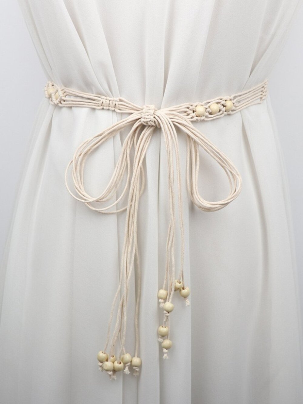 2/$30 NWT Boho Macrame Cord Waist Belt Cream Off White Wood Bead Tie Closure